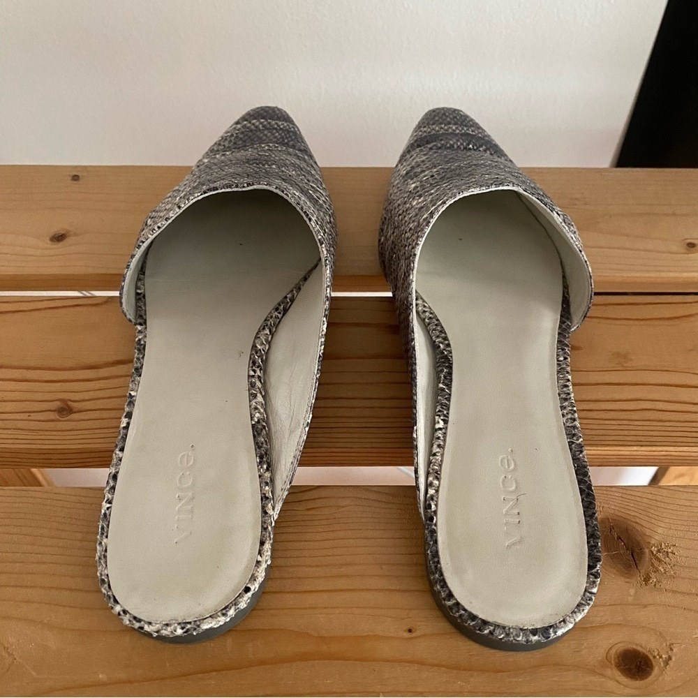 Vince Gray Snake-Embossed Leather Gena Asymmetrical Flat Mule Shoes 8 - Picture 10 of 15